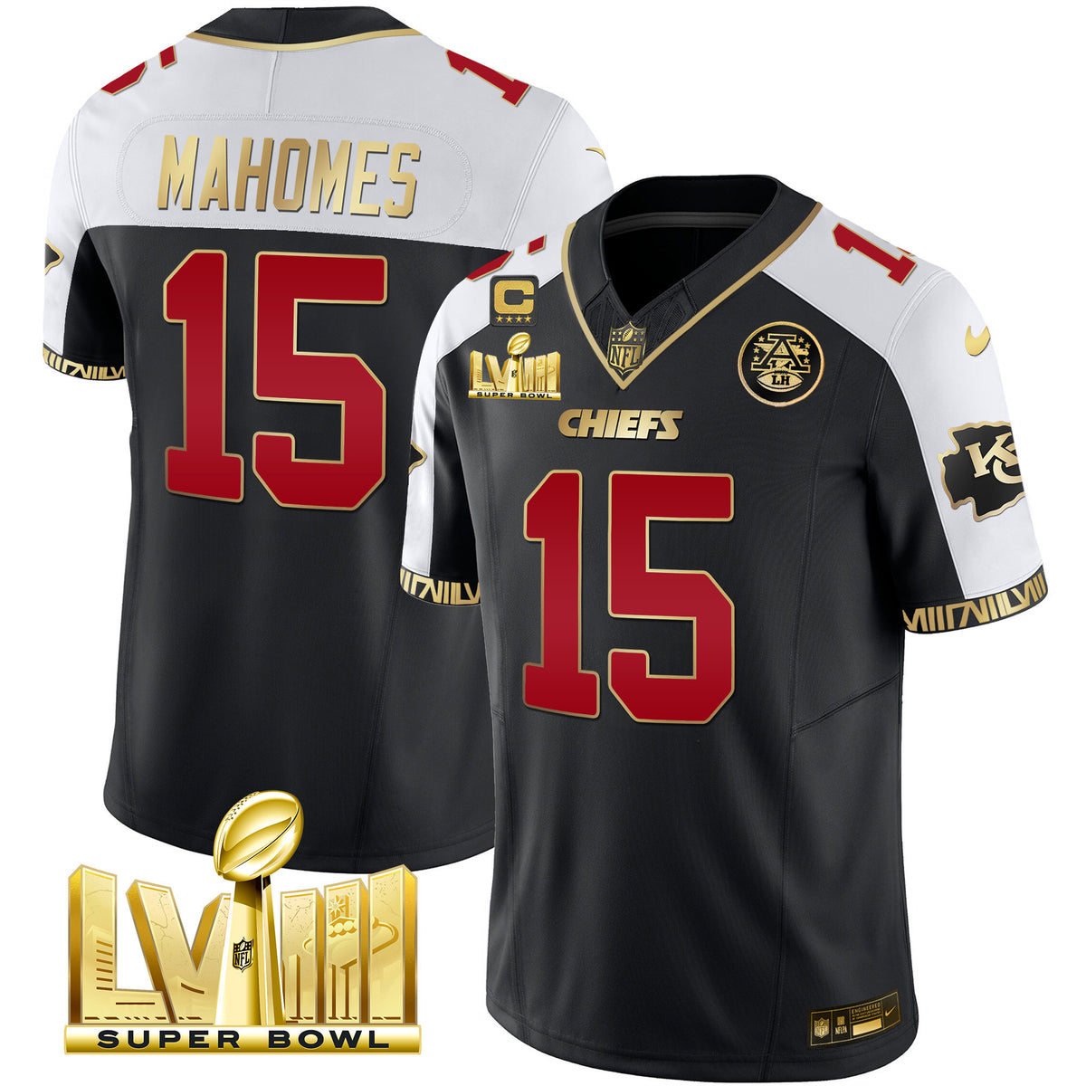 Men's Chiefs Super Bowl LVIII Pattern Gold Vapor Jersey V2 - All Stitched - Black Alternate - Patrick Mahomes — view 1