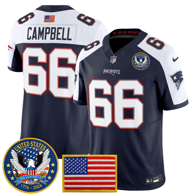 Men's New England Patriots United States 250th Anniversary Patch Vapor Limited Jersey - All Stitched - Navy Alternate - Will Campbell — view 1