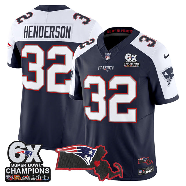 Men's New England Patriots 6-Time Champions & Massachusetts Patch Vapor Limited Jersey - All Stitched - Navy Alternate - TreVeyon Henderson — view 1