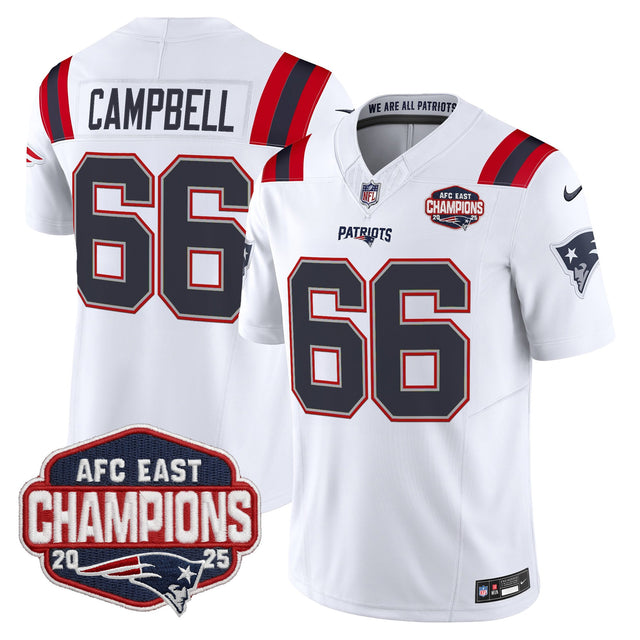 Men's New England Patriots 2025 AFC East Division Champions Vapor Limited Jersey - All Stitched - White - Will Campbell — view 1