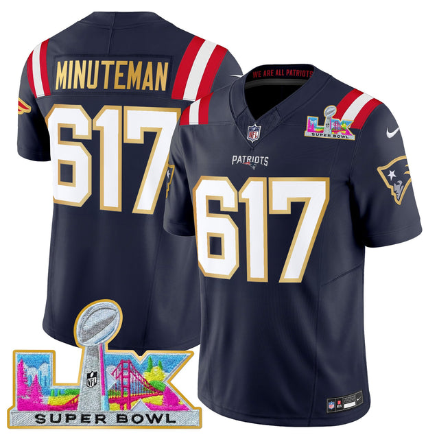 Men's New England Patriots Super Bowl LX Gold Trim Vapor Limited Jersey - All Stitched - Navy - Minuteman 617 — view 1