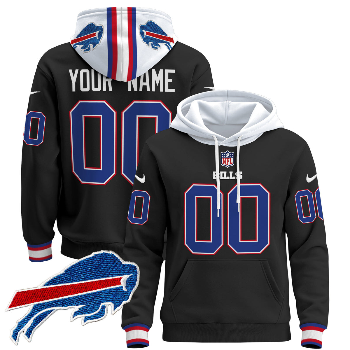 Buffalo Bills 2024 Custom Pullover Hoodie - All Stitched - Black — view 1