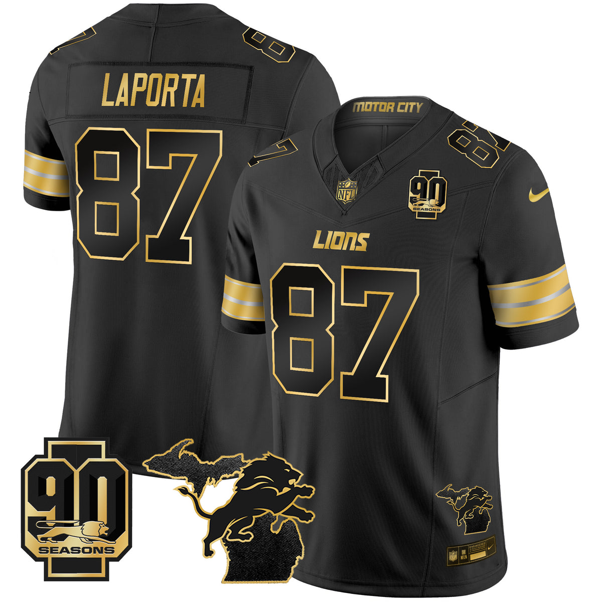 Men's Detroit Lions 2025 Michigan & 90th Season Patch Gold Vapor Limited Jersey - All Stitched - Black Gold - Sam Laporta — view 1