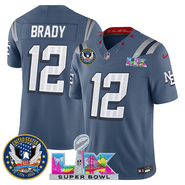 Men's New England Patriots Super Bowl LX & United States 250th Patch Vapor Limited Jersey - All Stitched - Storm Blue - Tom Brady — view 1