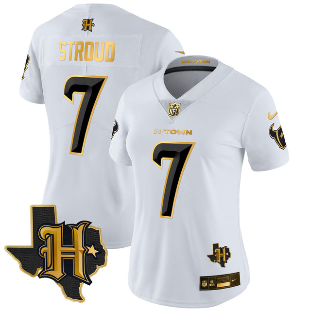 Women's Houston Texans 2024 Texas Patch Gold Vapor Limited Jersey - All Stitched - White Gold - C.J. Stroud — view 1