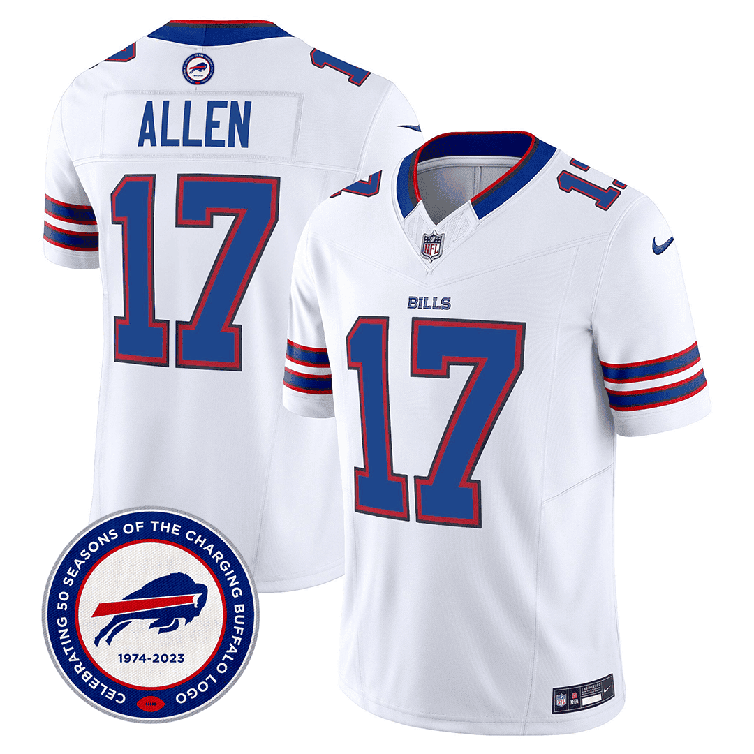 Men's Buffalo Bills 50th Charging Logo Patch Vapor Limited Jersey - All Stitched - White - Josh Allen — view 1
