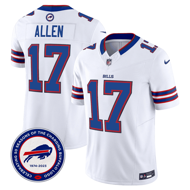 Men's Buffalo Bills 50th Charging Logo Patch Vapor Limited Jersey - All Stitched - White - Josh Allen — view 1