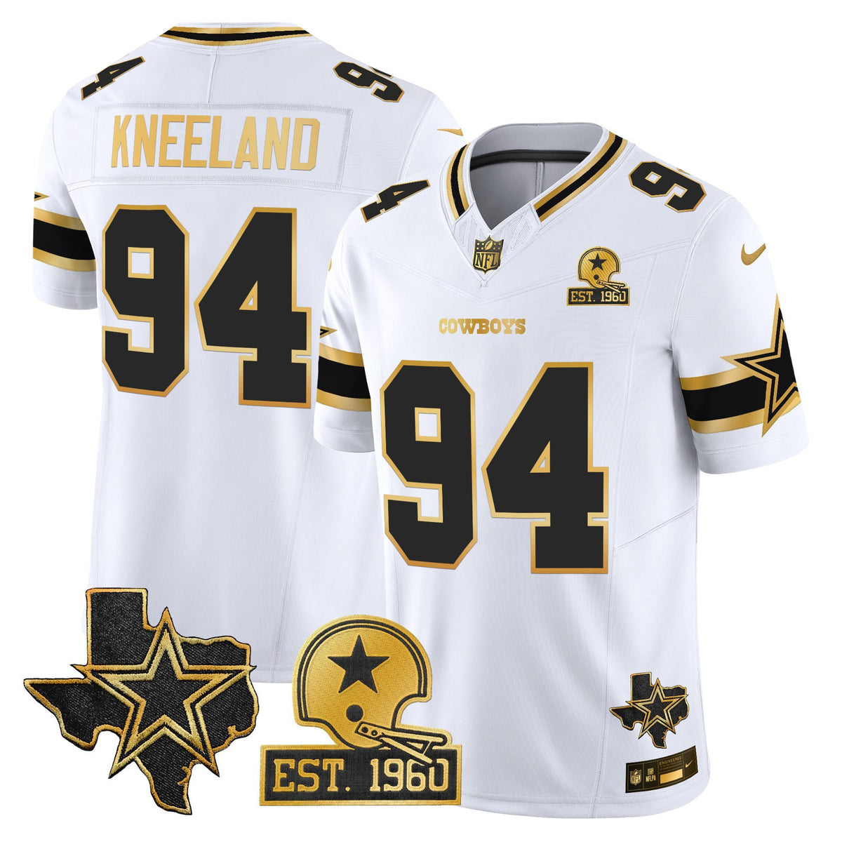 Men's Dallas Cowboys Est. 1960 & Texas Patch Gold Vapor Limited Jersey - All Stitched - White Gold - Marshawn Kneeland — view 1
