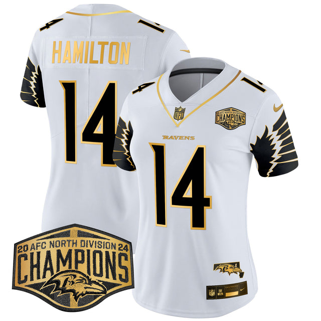 Women's Ravens Maryland 2024 AFC North Division Champions Patch Gold Vapor Limited Jersey - All Stitched - White Gold - Kyle Hamilton — view 1