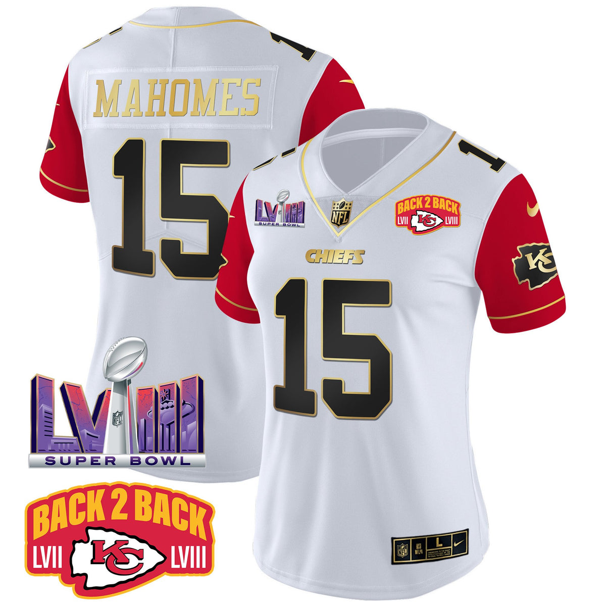 Women's Chiefs Super Bowl LVIII & Back 2 Back Patch Vapor Jersey V2 - All Stitched - Color Sleeves - Patrick Mahomes — view 1