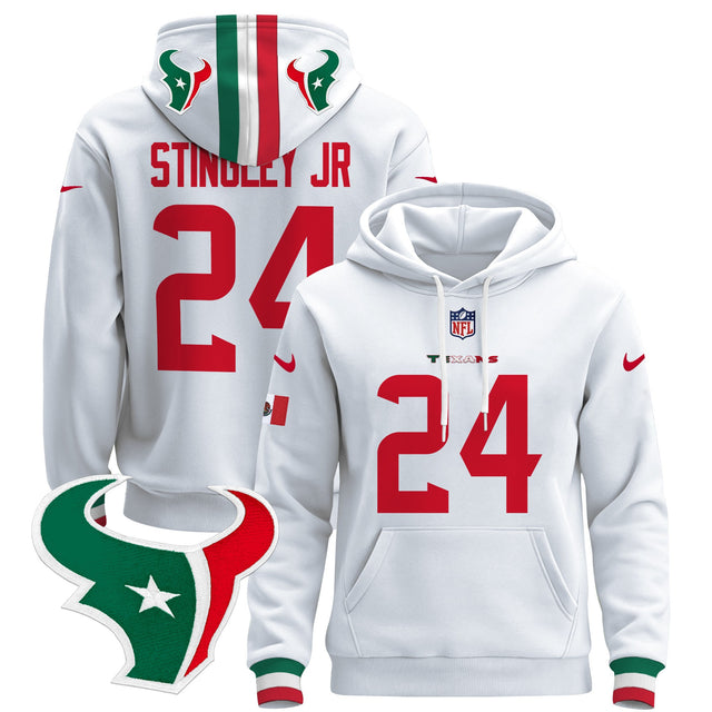 Men's Houston Texans Mexico 2024 Pullover Hoodie - All Stitched - White - Derek Stingley Jr — view 1