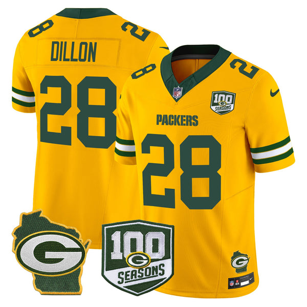 Men's Green Bay Packers 100th Season & Home Patch Vapor Limited Jersey - All Stitched - Gold - AJ Dillon — view 1