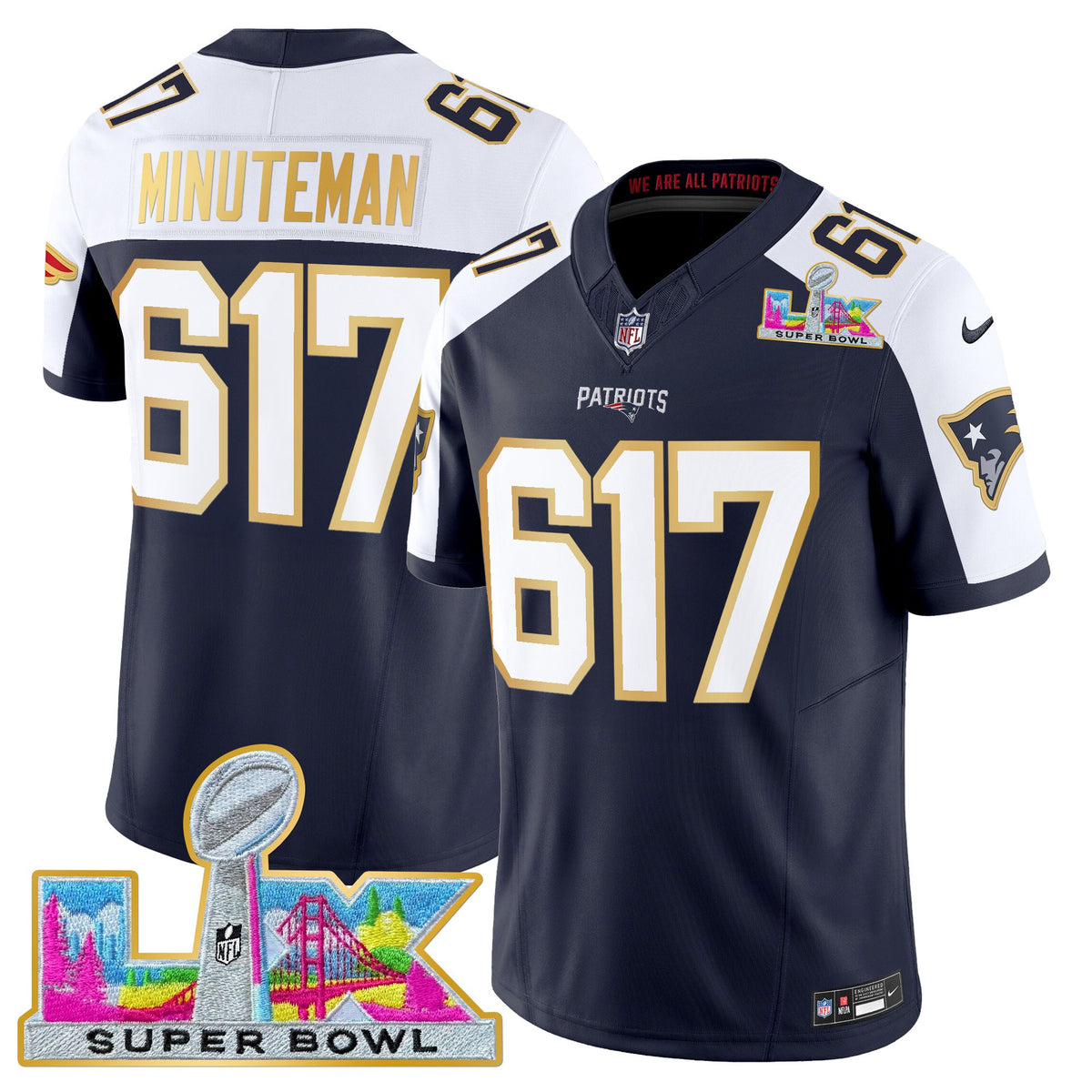 Men's New England Patriots Super Bowl LX Gold Trim Vapor Limited Jersey - All Stitched - Navy Alternate - Minuteman 617 — view 1
