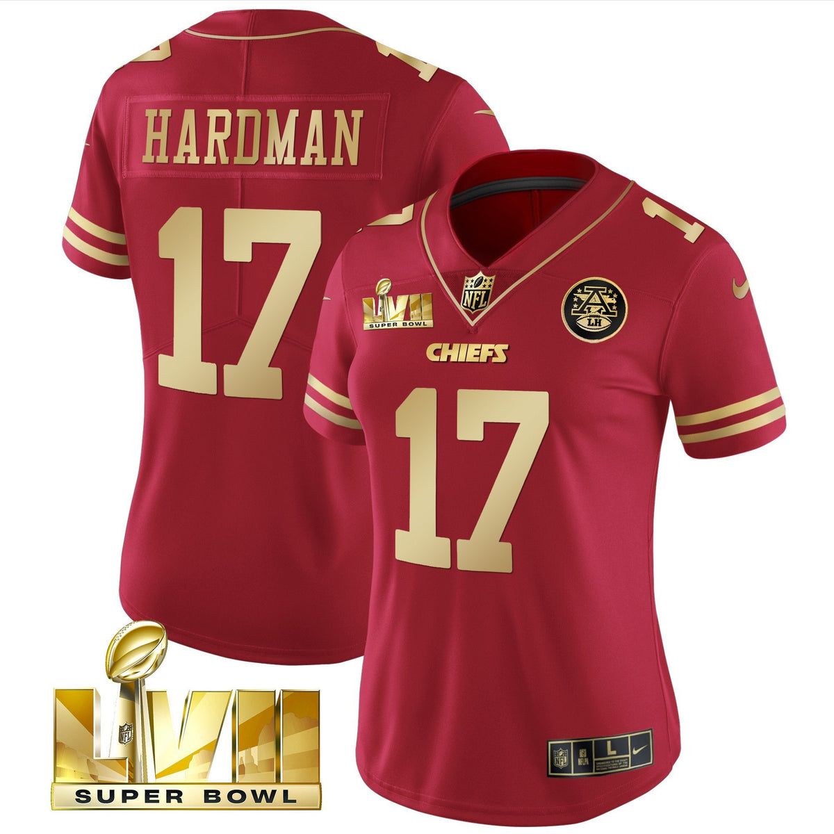 Women's Chiefs Super Bowl LVII Red Gold Vapor Jersey - All Stitched - Red Gold - Mecole Hardman — view 1