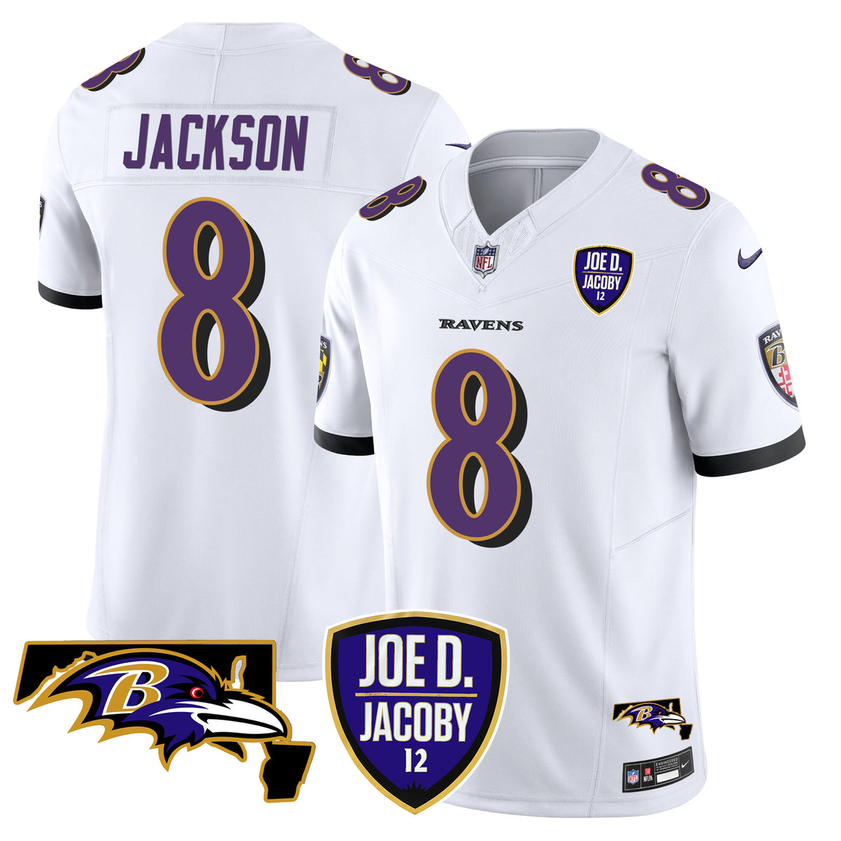 Men's Ravens Joe D & Jacoby Patch Vapor Limited Jersey - All Stitched - White - Lamar Jackson — view 1