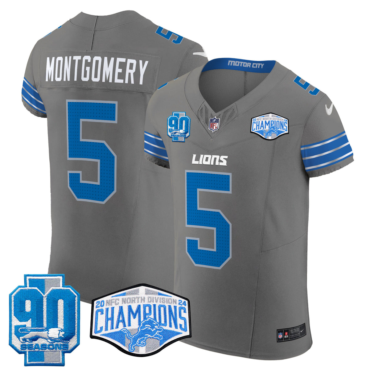 Men's Detroit Lions 2024 NFC North Division Champions Patch Vapor Elite Jersey - All Stitched - Gray - David Montgomery — view 1