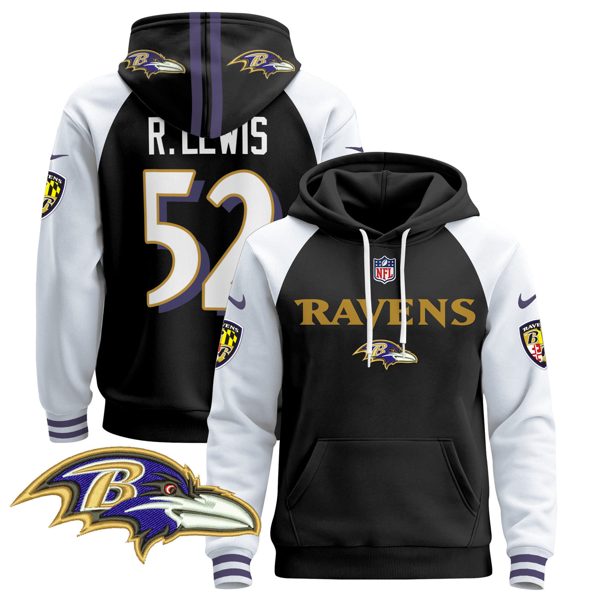 Men's Baltimore Ravens 2024 Pullover Hoodie V3 - All Stitched - Black Alternate - Ray Lewis — view 1