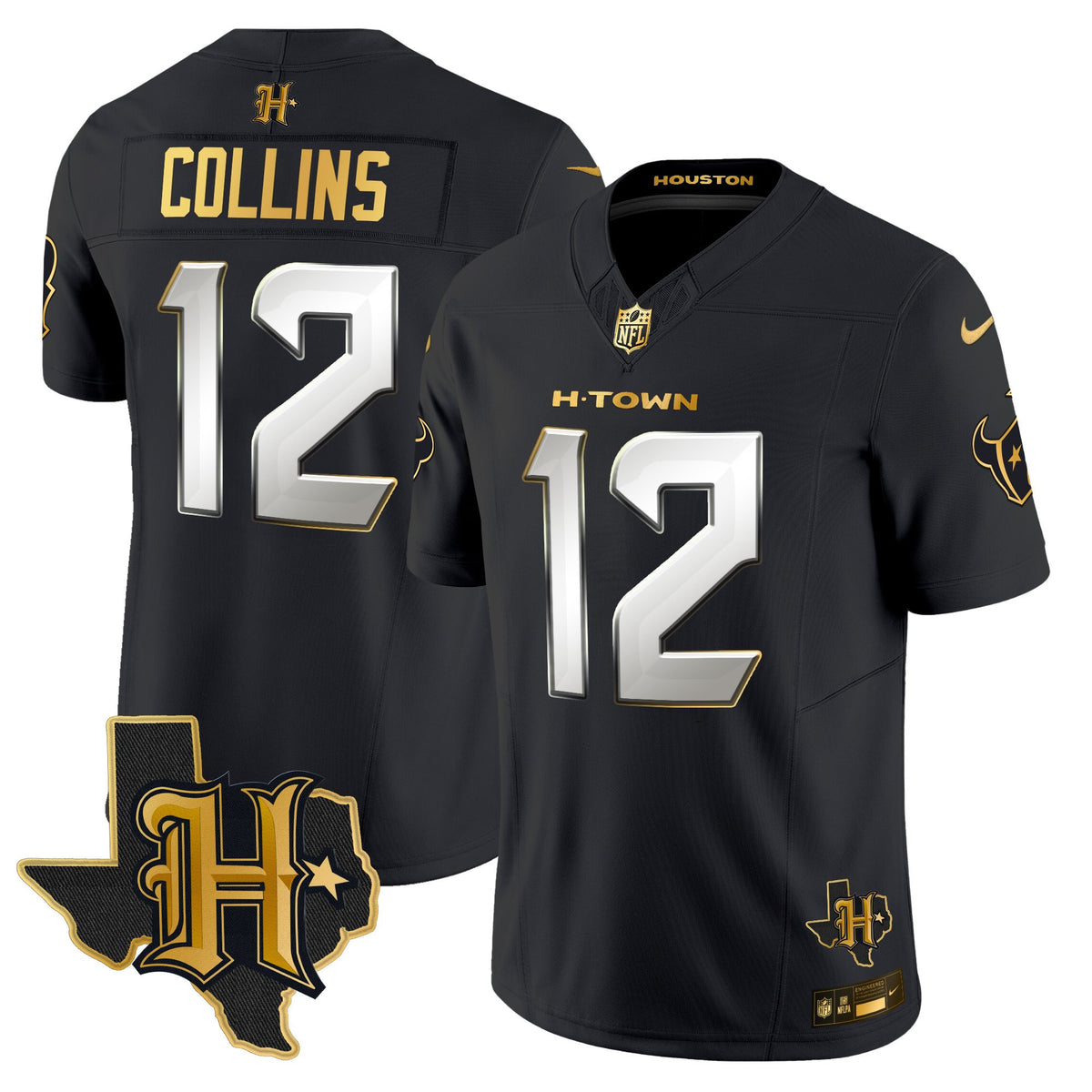 Men's Houston Texans 2025 Texas Patch Gold Vapor Limited Jersey - All Stitched - Black Limited - Nico Collins — view 1