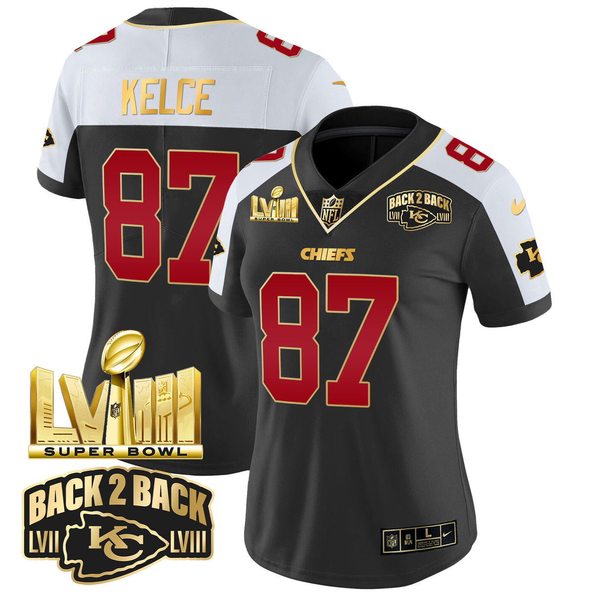 Women's Chiefs Super Bowl LVIII & Back 2 Back Gold Patch Vapor Jersey - All Stitched - Black Alternate - Travis Kelce — view 1