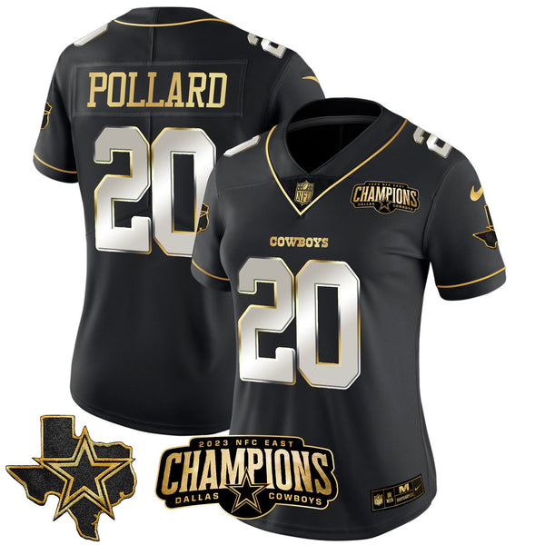 Women's Cowboys 2023 NFC East Champions Patch Gold Vapor Jersey - All Stitched - Black Limited - Tony Pollard — view 1