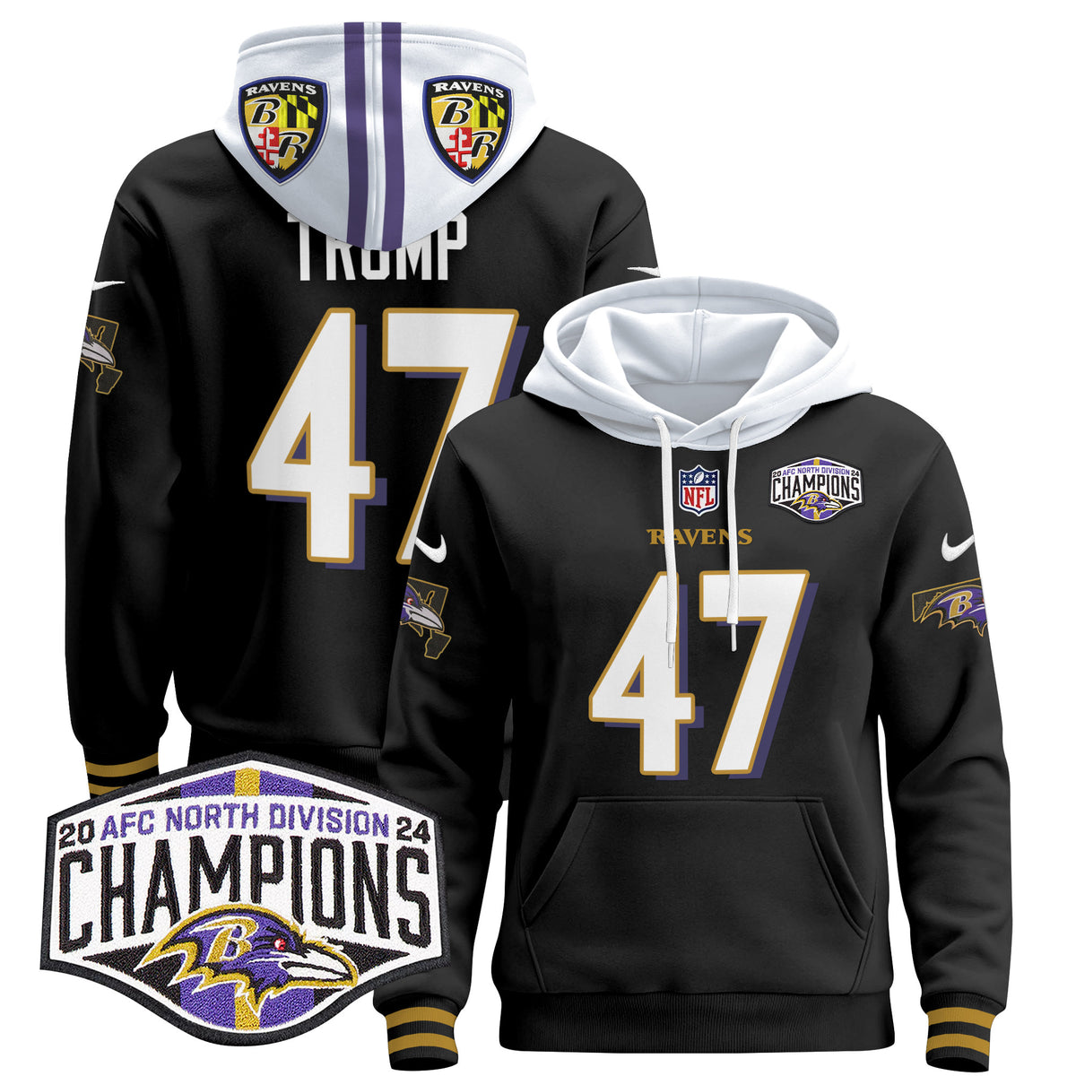 Men's Baltimore Ravens 2024 AFC North Division Champions Patch Pullover Hoodie V2 - All Stitched - Black - Donald Trump — view 1