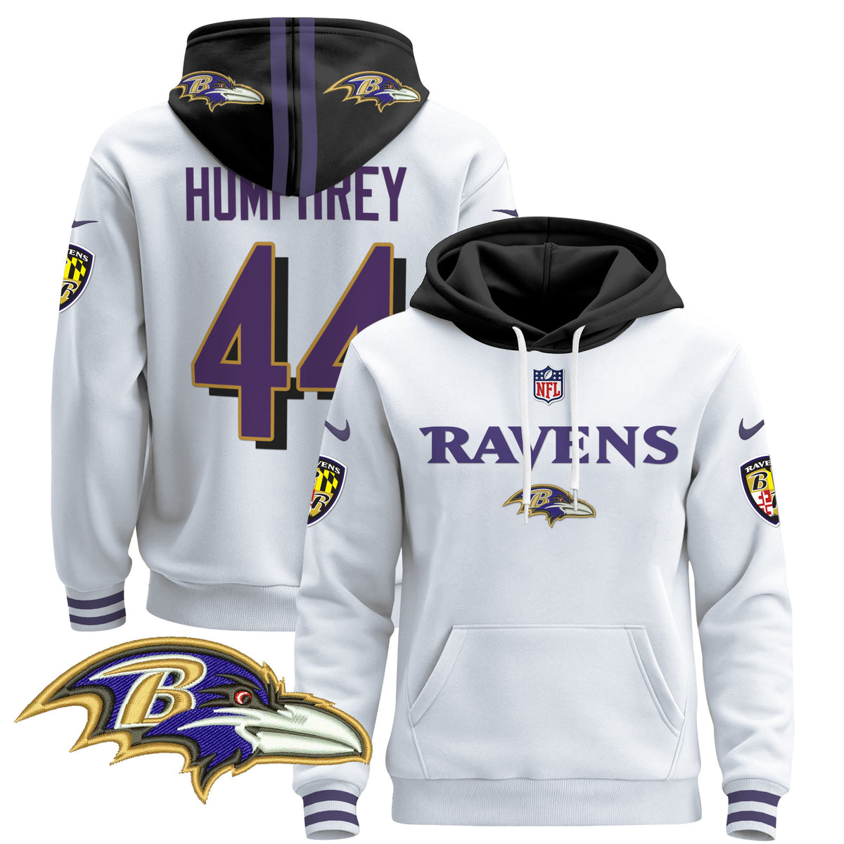Men's Baltimore Ravens 2024 Pullover Hoodie V3 - All Stitched - White - Marlon Humphrey — view 1