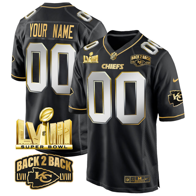 Chiefs Super Bowl LVIII & Back 2 Back Gold Game Custom Jersey - All Stitched - Black Limited — view 1