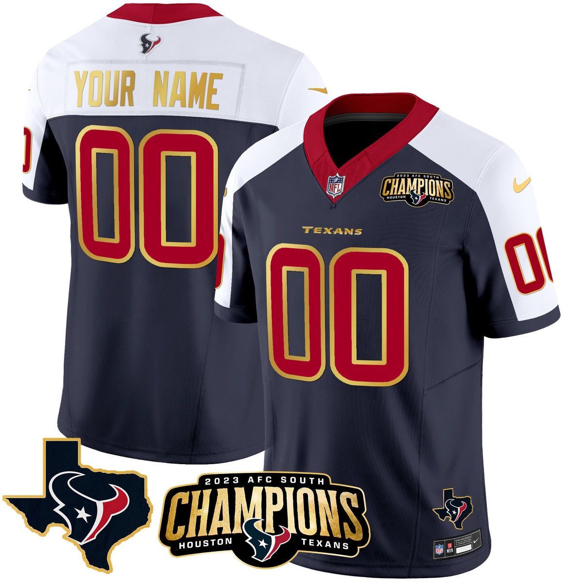 Houston Texans 2023 AFC South Champions Patch Gold Trim Vapor Custom Jersey - All Stitched - Alternate — view 1