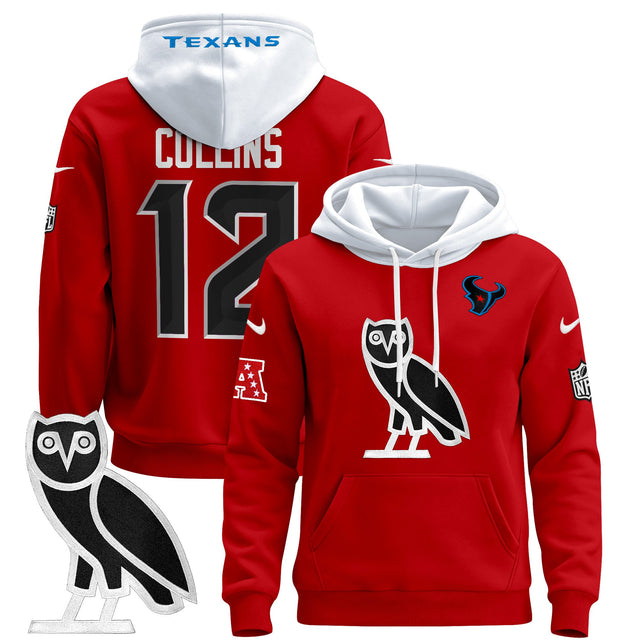 Men's Houston Texans OVO 2024 Pullover Hoodie - All Stitched - Red - Nico Collins — view 1