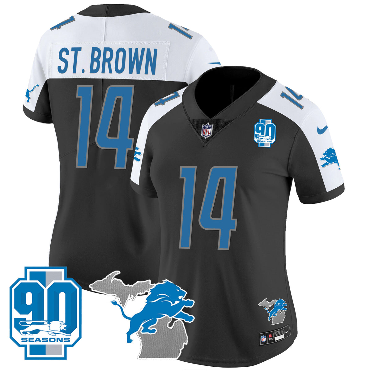 Women's Detroit Lions 90th Year & Michigan Patch Vapor Jersey - All Stitched - Black Alternate - St. Brown — view 1