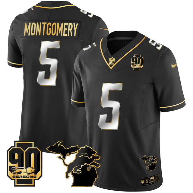 Men's Detroit Lions 90th Year & Michigan Patch Gold Vapor Jersey - All Stitched - Black Limited - David Montgomery — view 1
