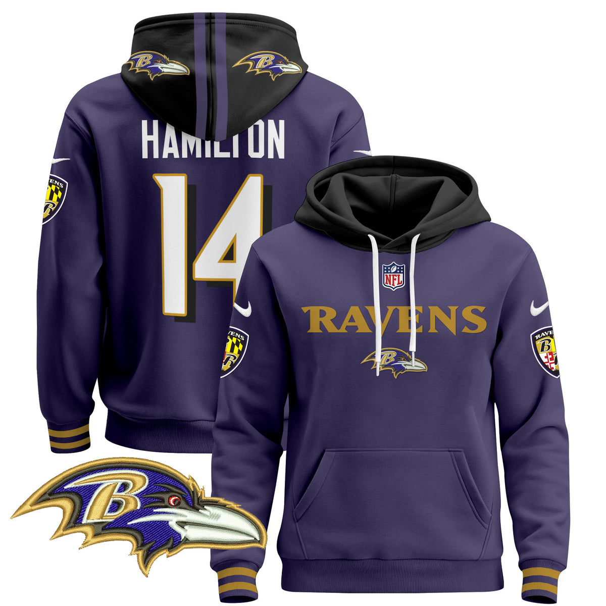 Men's Baltimore Ravens 2024 Pullover Hoodie V3 - All Stitched - Purple - Kyle Hamilton — view 1