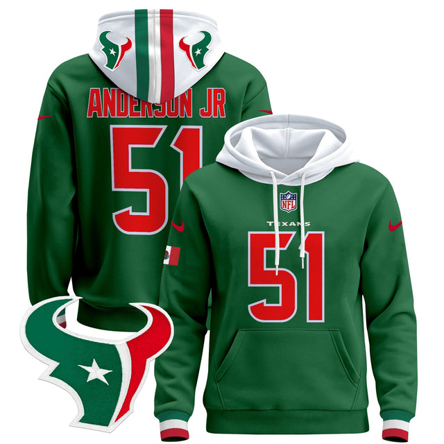 Men's Houston Texans Mexico 2024 Pullover Hoodie - All Stitched - Green - Will Anderson Jr — view 1