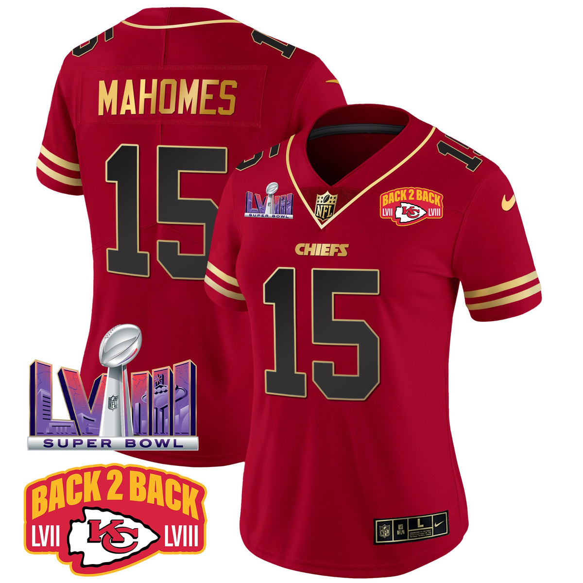 Women's Chiefs Super Bowl LVIII & Back 2 Back Patch Vapor Jersey - All Stitched - Black Red - Patrick Mahomes — view 1