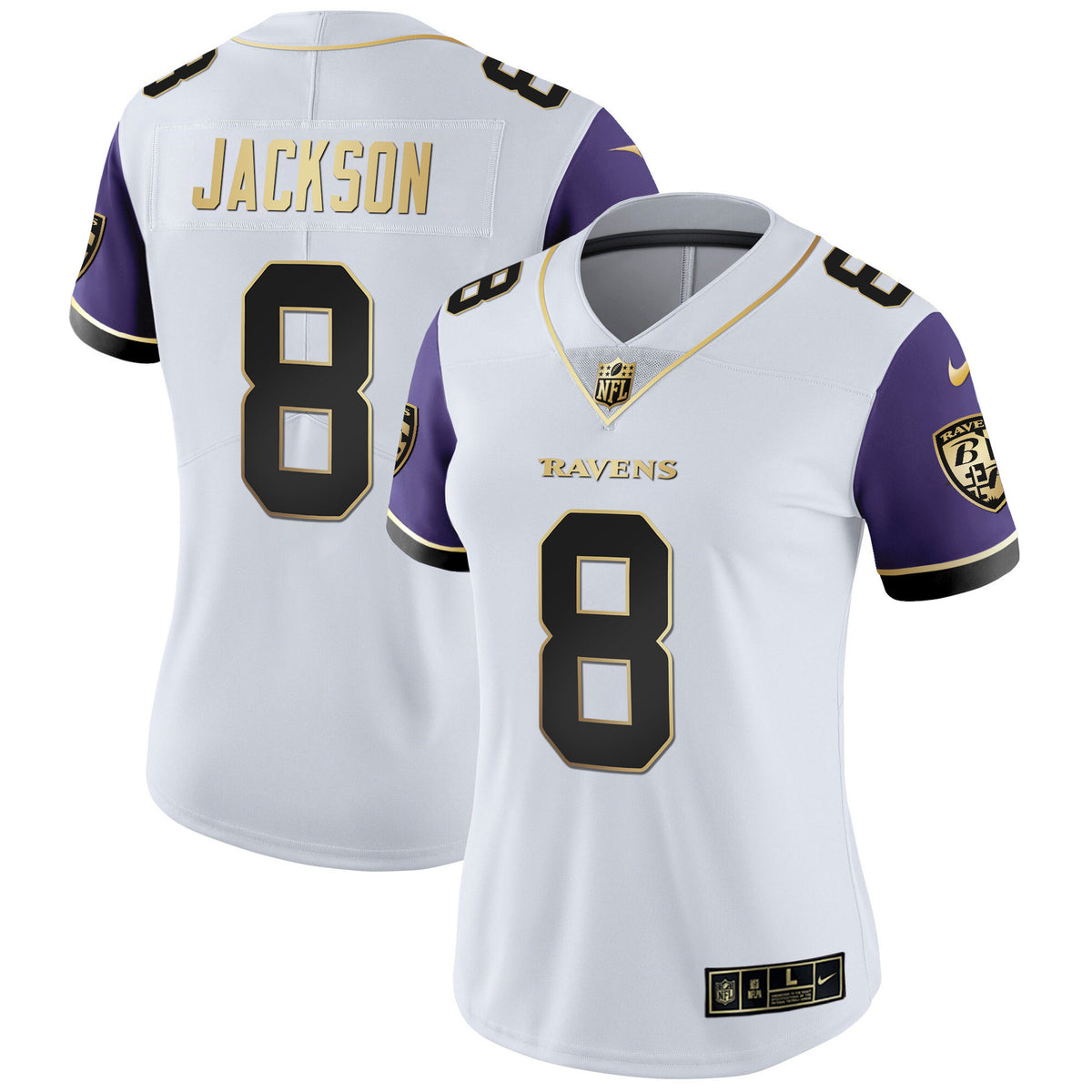 Women's Ravens Gold Vapor Jersey - All Stitched - Color Sleeve - Lamar Jackson — view 1