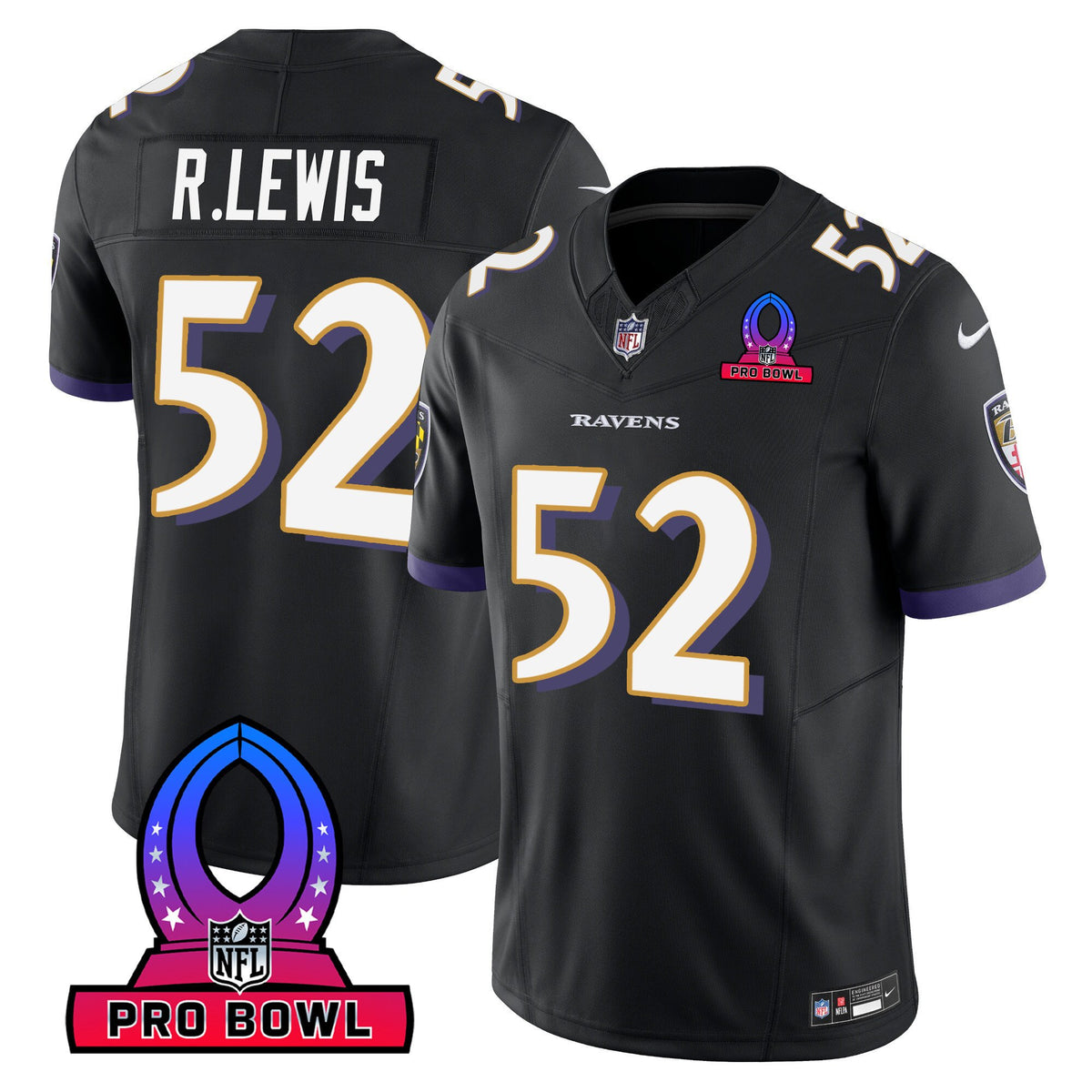Men's Ravens 2024 Pro Bowl Patch Vapor Jersey - All Stitched - Black - Ray Lewis — view 1