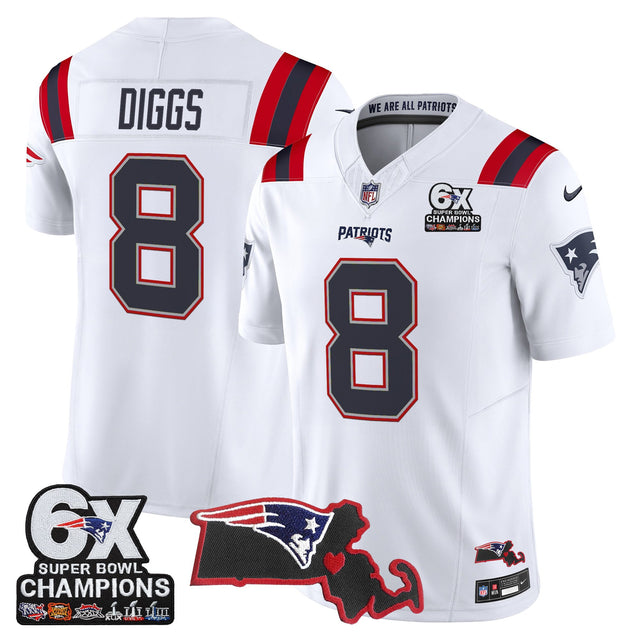 Men's New England Patriots 6-Time Champions & Massachusetts Patch Vapor Limited Jersey - All Stitched - White - Stefon Diggs — view 1