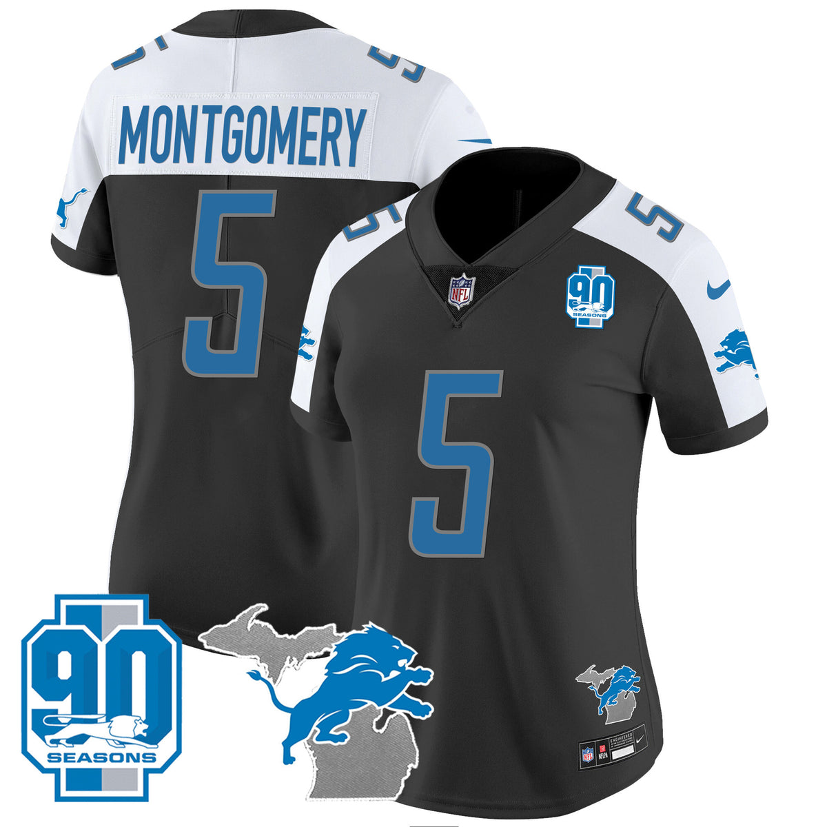 Women's Detroit Lions 90th Year & Michigan Patch Vapor Jersey - All Stitched - Black Alternate - David Montgomery — view 1