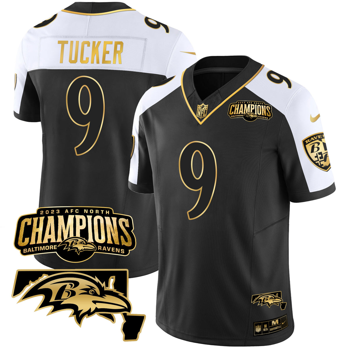 Men's Ravens 2023 AFC North Champions & Maryland Patch Gold Vapor Jersey - All Stitched - Alternate - Justin Tucker — view 1