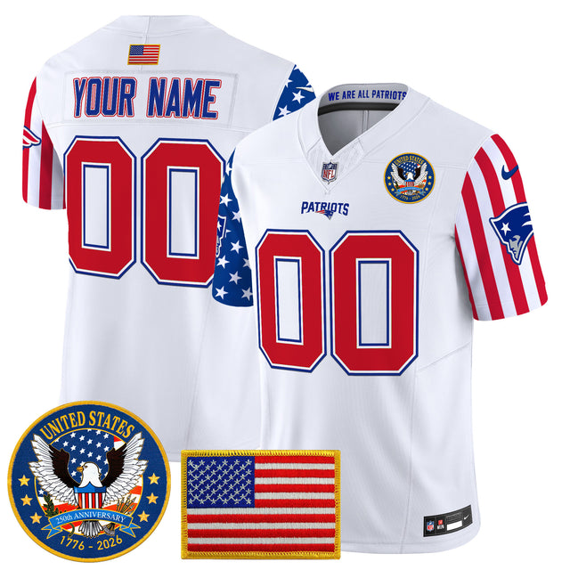 New England Patriots America250 Edition Vapor Limited Custom Jersey - All Stitched - White — view 1