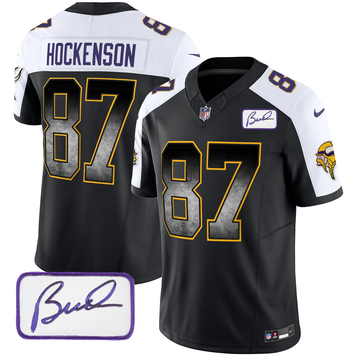 Men's Vikings Bud Grant Patch Arch Smoke Vapor Jersey - All Stitched - Black Alternate - T.J. Hockenson — view 1