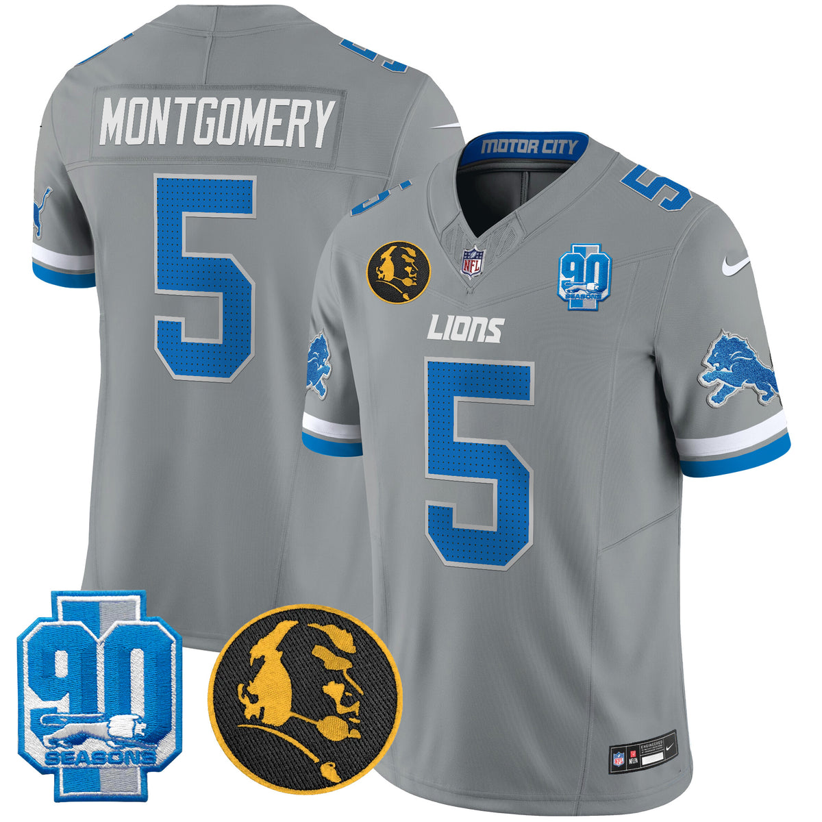Men's Detroit Lions 2024 90th & John Madden Patch Vapor Limited Jersey V2 - All Stitched - Gray - David Montgomery — view 1