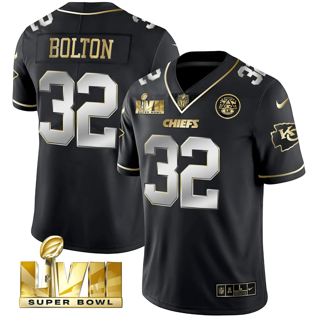 Men's Chiefs Super Bowl LVII Gold Trim Vapor V2 Jersey - All Stitched - Black Limited - Nick Bolton — view 1