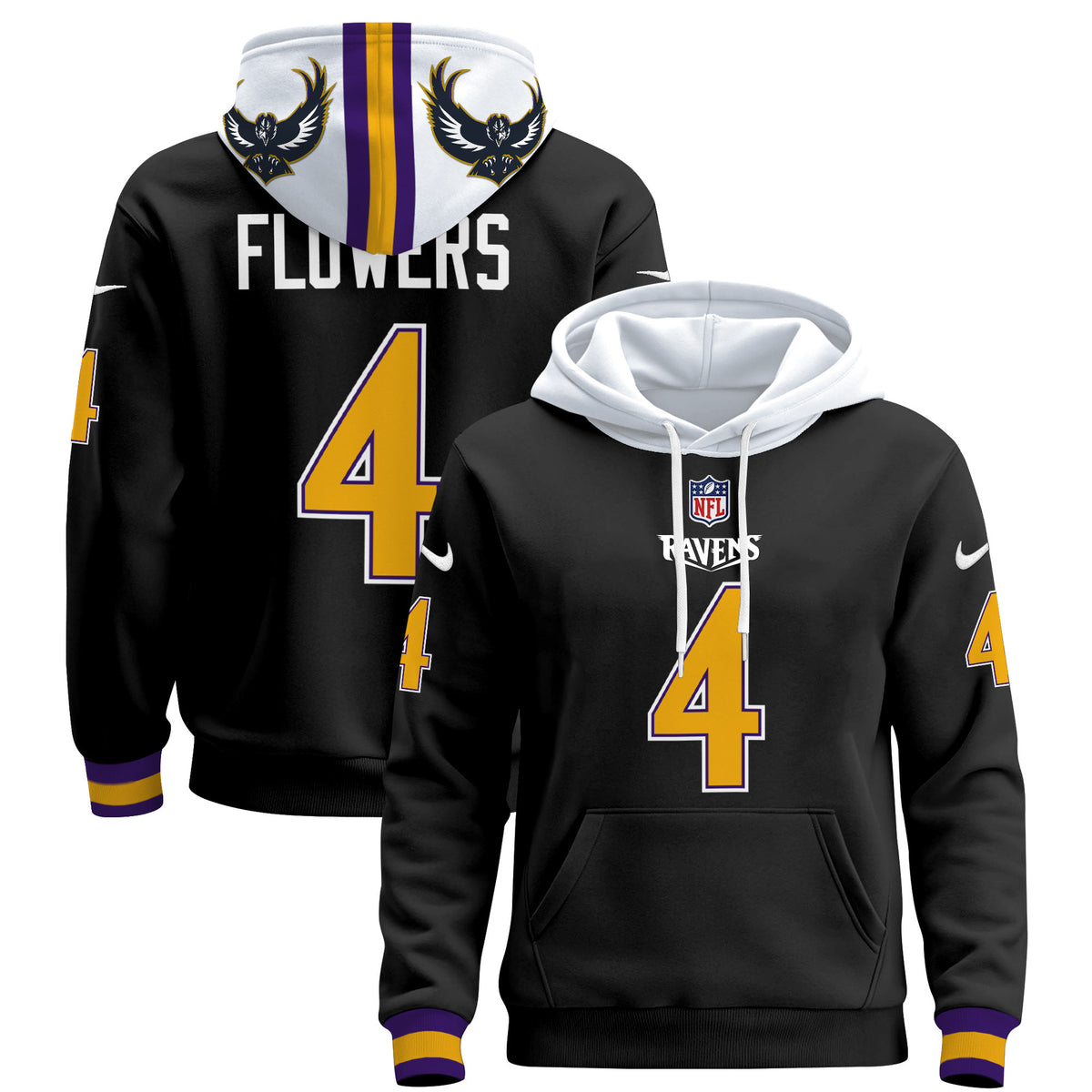 Men's Ravens 2024 Pullover Hoodie - All Stitched - Black - Zay Flowers — view 1