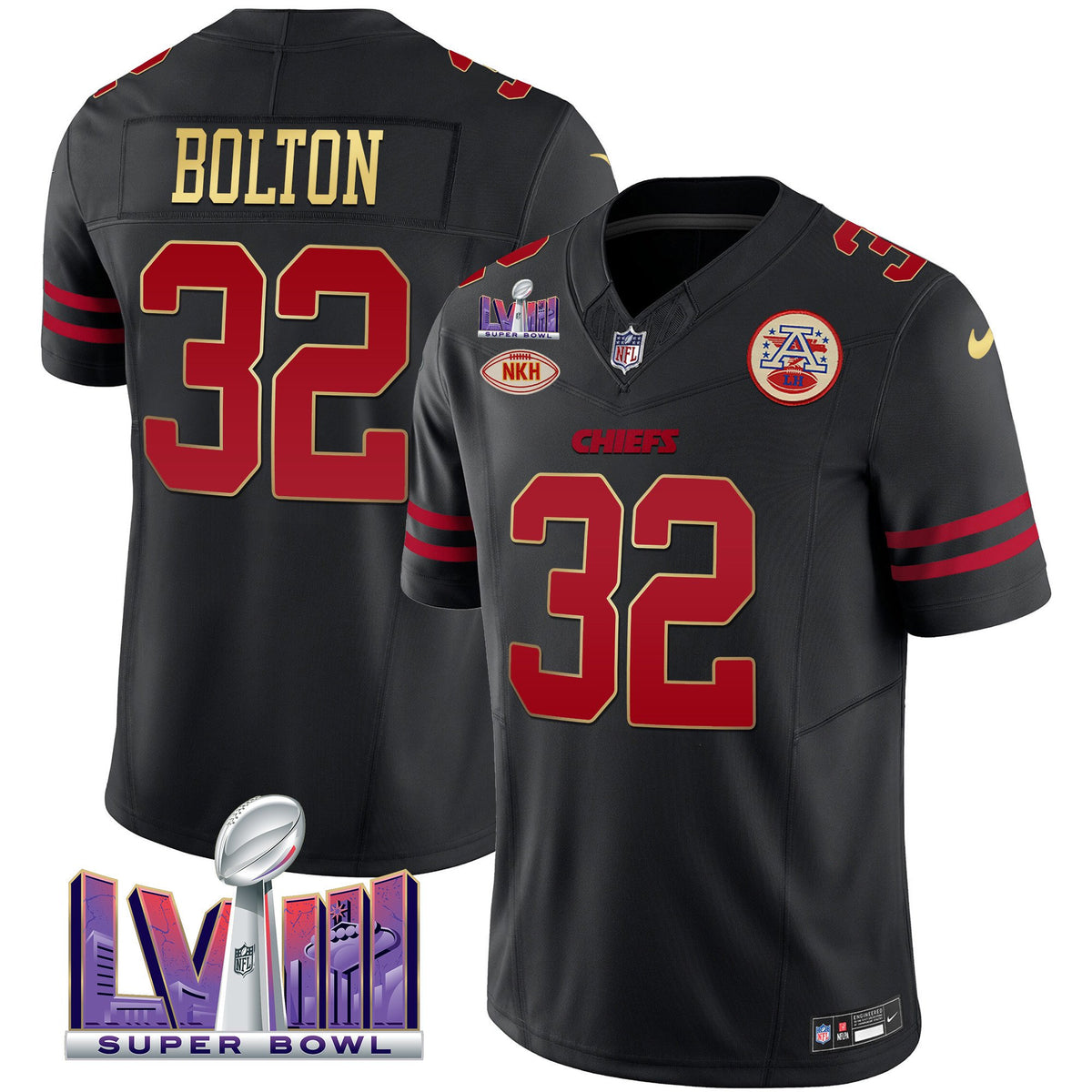 Men's Chiefs Super Bowl LVIII Patch Vapor Jersey V2 - All Stitched - Gold Trim - Nick Bolton — view 1