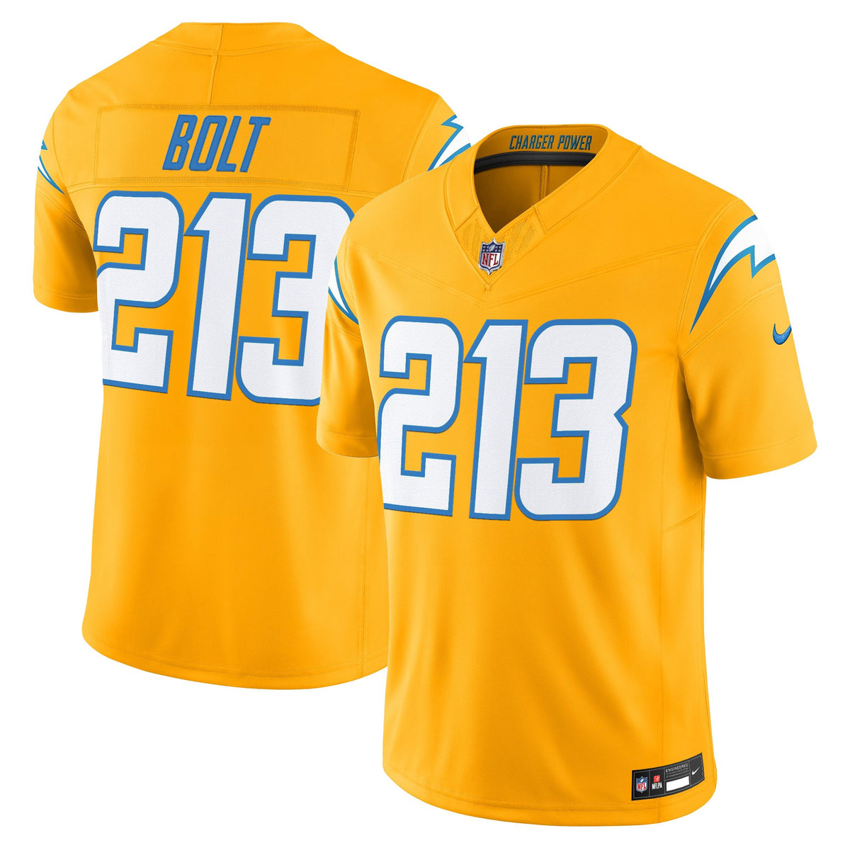 Men's Los Angeles Chargers 2025 Alternate Charger Power Vapor Limited Jersey - All Stitched - Gold - Bolt 213 — view 1