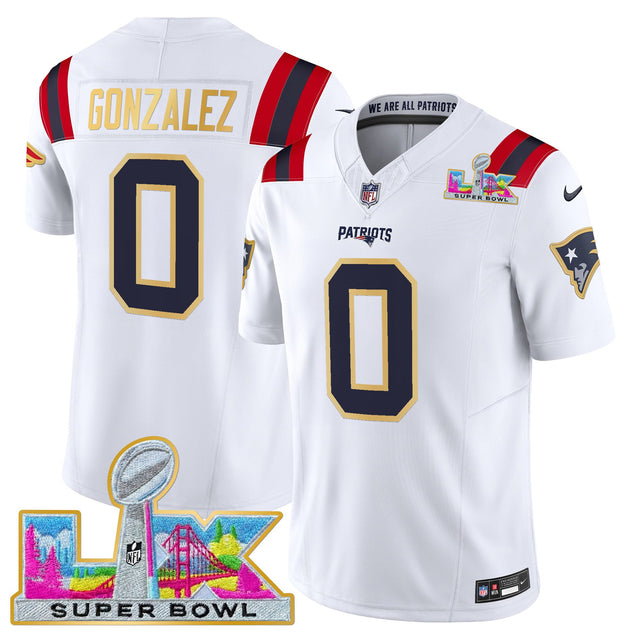 Men's New England Patriots Super Bowl LX Gold Trim Vapor Limited Jersey - All Stitched - White - Christian Gonzalez — view 1