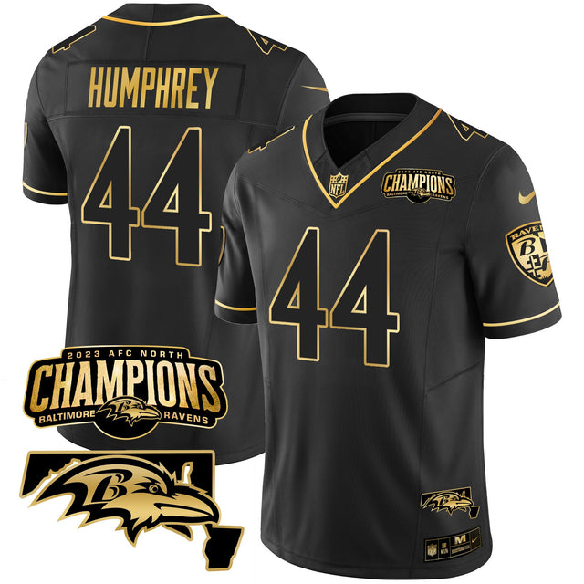Men's Ravens 2023 AFC North Champions & Maryland Patch Gold Vapor Jersey - All Stitched - Black Gold - Marlon Humphrey — view 1