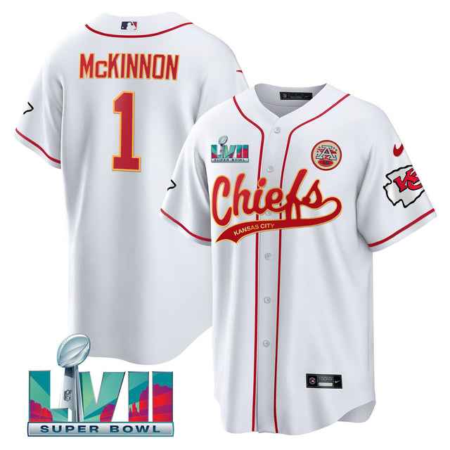 Youth's Chiefs Super Bowl LVII Cool base Jersey - All Stitched - White - Jerick McKinnon — view 1