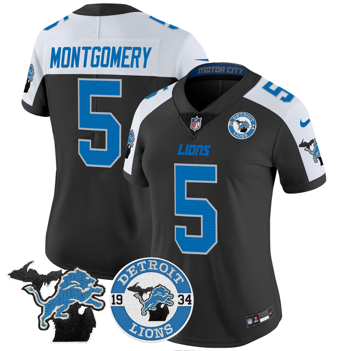 Women's Detroit Lions 2024 Vapor Limited Jersey - Est. 1934 Patch - All Stitched - Black Alternate - David Montgomery — view 1